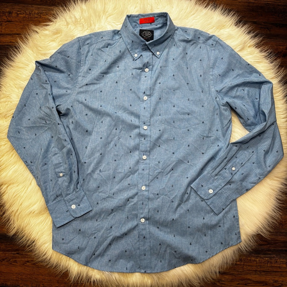 UPF 50 Nautical Men’s Blue Long Sleeve Button Up Shirt Medium